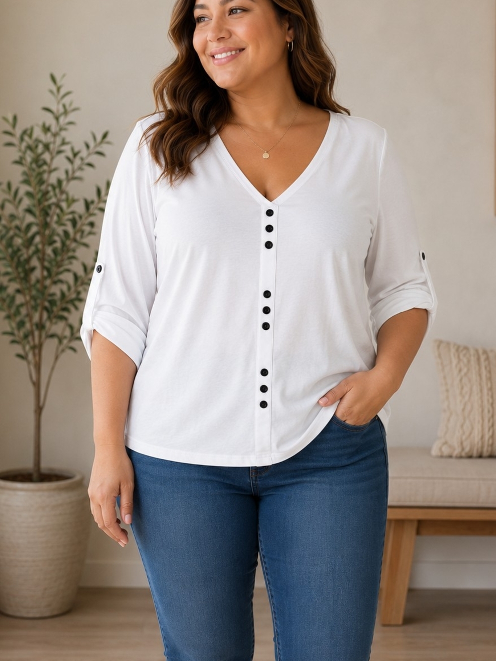 Classic White V-Neck Button-Front Women's Top